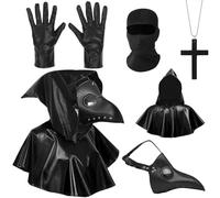 Plague Doctor Costume Mask, Halloween Long Nosed Bird Beak Steampunk Cosplay Dark Hooded Cape Set with Mask Bird Beak Necklace Black Gloves Suitable for Halloween Carnival Parties and Costume Events
