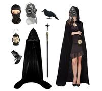 Plague Doctor Costume, Plague Doctors Mask Long Nose Bird Beak Steampunk Masks, Black Hooded Cloak Leather Gloves Crow Prop Scepter Cross Necklace Face Mask Halloween Lanterns for Halloween Cosplay