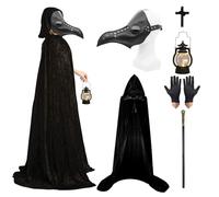 Plague Doctor Costume, Plague Doctors Mask Retro Gothic Halloween Costume Props Long Nose Bird Steampunk Mask Masquerade Black Hooded Cloak Cape,Cane, Black Gloves for Halloween Party Cosplay