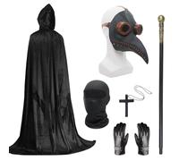Plague Doctor Costume Set, Halloween Mask Long Nose Beak Mask Black with Black Hooded Cloak Cross Necklace Gloves Cane Full Face Mask for Halloween Party, Punk Carnival, Masquerade