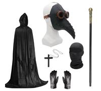 Plague Doctor Costume Set, Halloween Mask Long Nose Beak Mask Black with Black Hooded Cloak Cross Necklace Gloves Cane Full Face Mask for Halloween Party, Punk Carnival, Masquerade