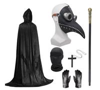 Plague Doctor Costume Set, Halloween Mask Long Nose Beak Mask Black with Black Hooded Cloak Cross Necklace Gloves Cane Full Face Mask for Halloween Party, Punk Carnival, Masquerade (B)