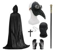 Plague Doctor Costume Set, Halloween Mask Long Nose Beak Mask Black with Black Hooded Cloak Cross Necklace Gloves Cane Full Face Mask for Halloween Party, Punk Carnival, Masquerade