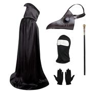 Plague Doctor Costume Set, Plague Doctor Mask Long Nose Retro Leather Bird Beak Mask with Black Gloves, Hooded Cloak, Cane for Halloween Cosplay Party Props Costume