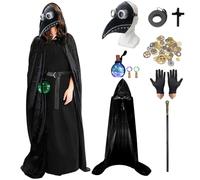 Plague Doctor Costume Set, Retro Leather Bird Mask Plague Doctor Mask with Black Hooded Cloak Cross Necklace Cane Gloves Steampunk Gears Potion Bottle Belt Fancy Dress Halloween Costumes for Adults