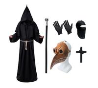 Plague Doctor Costumes Set, Plague Doctor Mask Bird Beak Mask Black Robe Cloak Top Hat Cross Necklace Balaclava Scepter Gloves Halloween Carnival Fancy Dress Cosplay Steampunk Costume