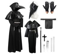 Plague Doctor Halloween Cosplay Costume Set, Plague Doctor Mask Retro Leather Bird Mask Leather Gloves Robe Scepter Cross Necklace Belt Pouch Black Robe Role Play Outift for Adults Men Woman