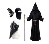 Plague Doctor Halloween Costume, Long Nose Beak Mask Adult Plague Doctor Mask Priest Robe Scepter Cross Necklace Belt Leather Gloves Balaclava Halloween Carnival Fancy Dress Cosplay Costume