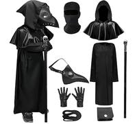 Plague Doctor Kids Costume-9Pcs, Halloween Plague Doctor Steampunk Costume with Beak Mask Belt Bag Cross Necklace Gloves, Halloween Carnival Cosplay Party Fancy Dress Kids Costumes