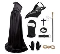 Plague Doctor Mask Plague Doctor Costume Halloween Mask Halloween Props Set, Leather Bird Masks Gothic with Full Face Masks Cane Hooded Cloak Gloves Cross Necklace Ring Buckle Belt for Cosplay
