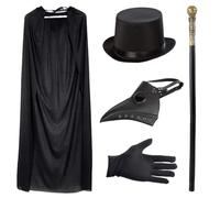 Plague Doctor Mask - Retro Leather Bird Mask with Black Top Hat, King's Cane, Hooded Cloak, Gloves - Halloween Props
