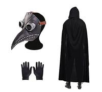 Plague Doctor Mask - Steampunk Latex Mask with Black Hooded Cloak & Gloves for Halloween Party Cosplay