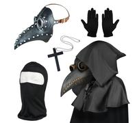 Plague Doctors Mask, Halloween Costume for Men, Steampunk Bird Mask Plague Doctor Costume for Adult, Black Sliver Halloween Facemask with Gloves and Hooded Cloak Cape for Gothic Hallowtide Decor