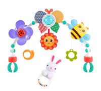 Plagufas Baby Pram Toys with Rabbit Rattle, Foldable Baby Arch Play Toy, Baby Essentials for Newborn, Travel Play Arch Sensory Toys for Stroller, Car Seat, Crib for 0-24 Months