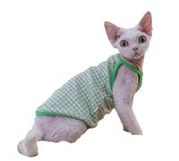 Plaid Cat Tank Top for Sphynx Devon Rex, 4 Colors Blue Pink Yellow Green, Lace Trim Cotton Summer Outfit for Hairless Cats, Cute Basic Top XS to XXXL (L+,Green)