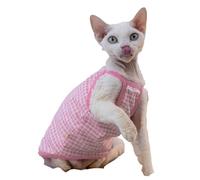 Plaid Cat Tank Top for Sphynx Devon Rex, 4 Colors Blue Pink Yellow Green, Lace Trim Cotton Summer Outfit for Hairless Cats, Cute Basic Top XS to XXXL (S-,Pink)