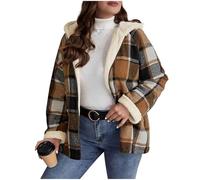 Plaid Coats for Women Sherpa Fleece Lined Jacket Gingham Zip Up Hoodie Fall Winter Coat Thick Teddy Fleece Jackets Loose Fit Colour Block Check Ladies Overcoat Windbreaker Hoody Warm Outerwear