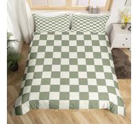 Plaid Comforter Cover King Beige Sage Green Checkerboard Duvet Cover Geometric Checkered Bedding Set For Kids Boys Girls, Aesthetic Grid Quilt Cover Modern Room Decor 3 Pcs