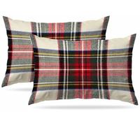 Plaid Cushion Cover Set of 2 Pack 12x20 Inch, Scottish Tartan Red and White Wool Plaid Pattern Symmetric Square Print Double Sided Decorative Soft Short Plush Pillow Case Pillows Cover
