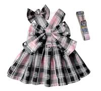 Plaid Dog Dress Harness and Leash Set with Bow Tie Accessories Puppy Clothes for Small Dog Girl Cute Cat Summer Outfit Breathable Mesh Pet Princess Skirt with Pearls (Black, X-Large)