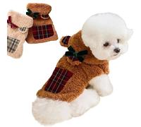 Plaid Dog Fleece Coat Warm Turtleneck Hoodie Jacket Dog Cozy Sweater for Small Medium Cat Puppy Pet Puffer Clothes or Snow Cold Weather Winter with Bowtie Plush Bear Ears (Brown, Medium)