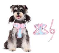 Plaid Dog Harness and Leash Set with Fluffy Bow Hanging Ring for Poop Bag and Tracker/Bell Step in No Chock No Pull Soft Mesh Adjustable Cat Vest (Pink/Blue Plaid,Small)