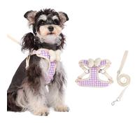 Plaid Dog Harness and Leash Set with Fluffy Bow Hanging Ring for Poop Bag and Tracker/Bell Step in No Chock No Pull Soft Mesh Adjustable Cat Vest (Yellow/Purple Plaid,X-Large)