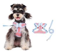 Plaid Dog Harness and Leash Set with Fluffy Bow Hanging Ring for Poop Bag and Tracker/Bell Step in No Chock No Pull Soft Mesh Adjustable Cat Vest (Blue/Red Plaid,Medium)
