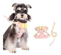 Plaid Dog Harness and Leash Set with Fluffy Bow Hanging Ring for Poop Bag and Tracker/Bell tep in No Chock No Pull Soft Mesh Adjustable Cat Vest (Yellow/Pink Plaid,Medium)