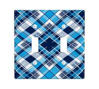 Plaid Double Light Switch Cover Plate, Modern Contemporary Diamond Lines Summer Blue Plastic Standard Size Switch Plate Decorative for Home Living Room New Apartment Decor