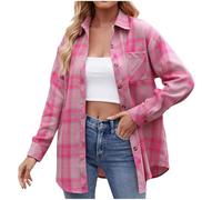 Plaid Flannel Shirts Womens Retro Buffalo Plaid Shirts Oversized Shacket Coat Long Sleeve Casual Button up Blouse Top Hot Pink