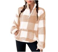Plaid Fleece Pullover for Women UK Half Zip Plush Thick Sweatshirt Teddy Bear Tartan Tops Casual Faux Fur Hoodie Fluffy Fuzzy Jumper with Pocket Ladies Winter Warm Sweatshirts Flannel Trench Shirts