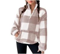 Plaid Fleece Pullover for Women UK Half Zip Plush Thick Sweatshirt Teddy Bear Tartan Tops Casual Faux Fur Hoodie Fluffy Fuzzy Jumper with Pocket Ladies Winter Warm Sweatshirts Flannel Trench Shirts