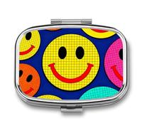 Plaid Happy Face Pattern Pill Box Travel Pill Organizer 2-Compartment with Mirror Design Portable Square Medicine Case for Vitamins, Jewelry & Essentials Durable Pocket Pillcase for Purse, Camping