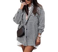 BTFONIA Plaid Jacket Women Casual Houndstooth Jacket Flannel Shacket Loose Long Sleeve Shirt Button Down Shacket with Pockets(Black,M)