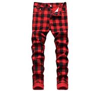 Plaid Jeans for Men UK Sale Clearance Slim Fit Skinny Checked Jeans Stretch Joggers Basic Classic Denim Trousers Work Pants Casual Jegging Boys Biker Trousers Frayed Jeans Plus Size M-3XL