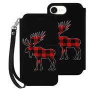 Plaid Moose Lumberjack Red Black Compatible with iPhone 16 E Wallet Phone Case Mobile Phone Cover with Card Holder