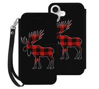 Plaid Moose Lumberjack Red Black Compatible with iPhone 16 Plus Wallet Phone Case Mobile Phone Cover with Card Holder