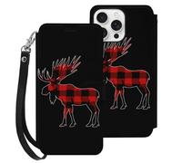 Plaid Moose Lumberjack Red Black Compatible with iPhone 16 Pro Max Wallet Phone Case Mobile Phone Cover with Card Holder