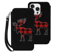 Plaid Moose Lumberjack Red Black Compatible with iPhone 16 Pro Wallet Phone Case Mobile Phone Cover with Card Holder