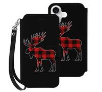 Plaid Moose Lumberjack Red Black Compatible with iPhone 16 Wallet Phone Case Mobile Phone Cover with Card Holder