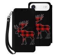 Plaid Moose Lumberjack Red Black Compatible with iPhone 17 Air Case PU Leather Flip Wallet Phone Cover Card Holder Women Men