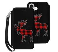 Plaid Moose Lumberjack Red Black Compatible with iPhone 17 Case PU Leather Flip Wallet Phone Cover Card Holder Women Men