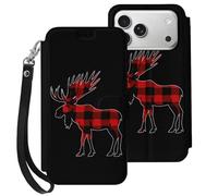 Plaid Moose Lumberjack Red Black Compatible with iPhone 17 Pro Case PU Leather Flip Wallet Phone Cover Card Holder Women Men