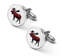 Plaid Moose Lumberjack Red Black Shirt Cufflinks Round Cuff Links for Business Wedding Party Father's Day Gift 1.7cm