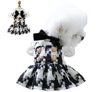 Plaid Pearl Dog Dress with Leash Ring Gold Heart Button Cute Flutter Sleeves Clothes Fits 11" -22.1" Chest Birthday Christmas Costume (Black & White, X-Large)