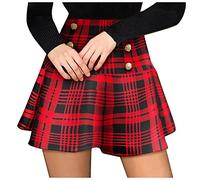 Plaid Pleated Mini Skirt for Women UK Plus Size S-5XL Tartan Skirt Floral Print Check with Buttons Elegant High Waist Wrap Stretch Slimming Short School Tennis Club Party Red