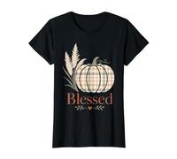 Plaid Pumpkin Blessed Fall Autumn Pampas Design Value Graphic T-Shirt, Women, Black, XL