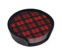 Plaid Red And Black Coasters For Drinks Set Of 6 Leather Tea Cup Coaster Drink Coasters For Cup Kitchen Bar Home Decor Housewarming Gift