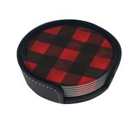 Plaid Red And Black Coasters For Drinks Set Of 6 Leather Tea Cup Coaster Drink Coasters For Cup Kitchen Bar Home Decor Housewarming Gift